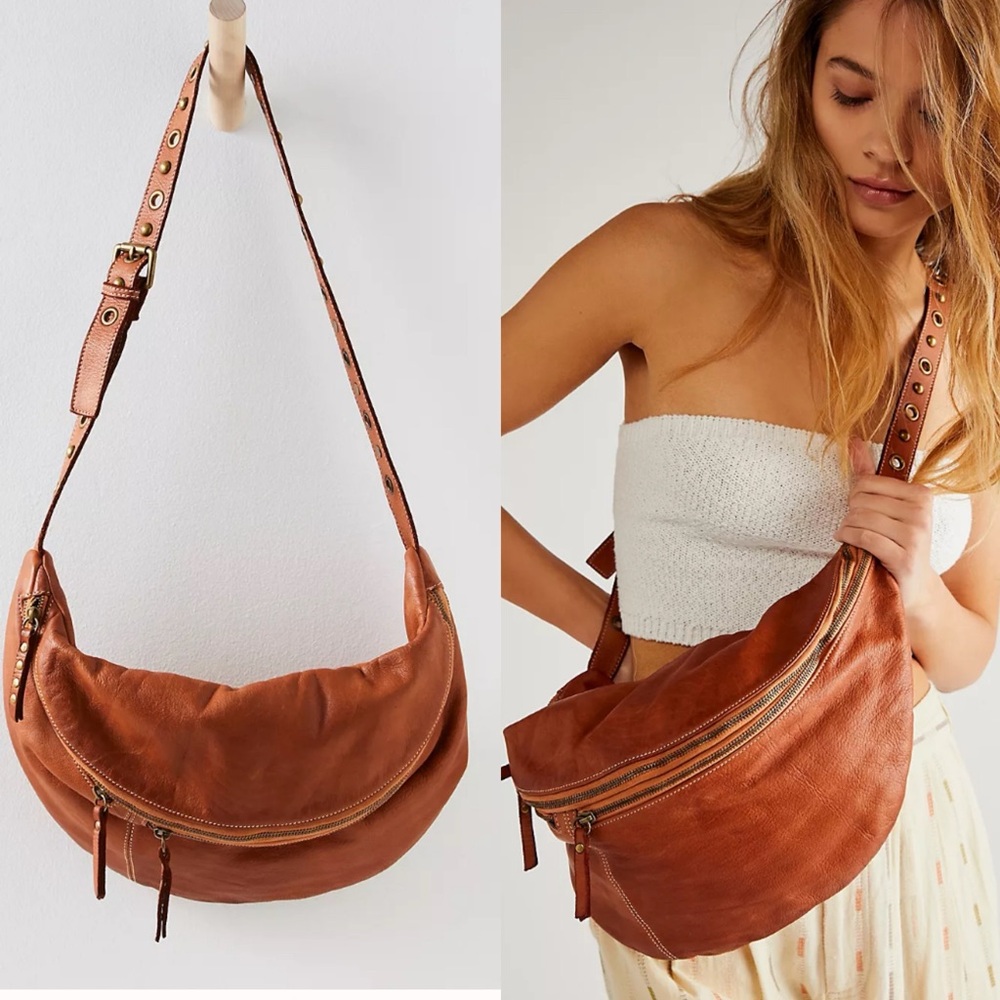 NWT FREE PEOPLE  Bolsa Nova Bella Sling Bag Cognac Leather MSRP $330